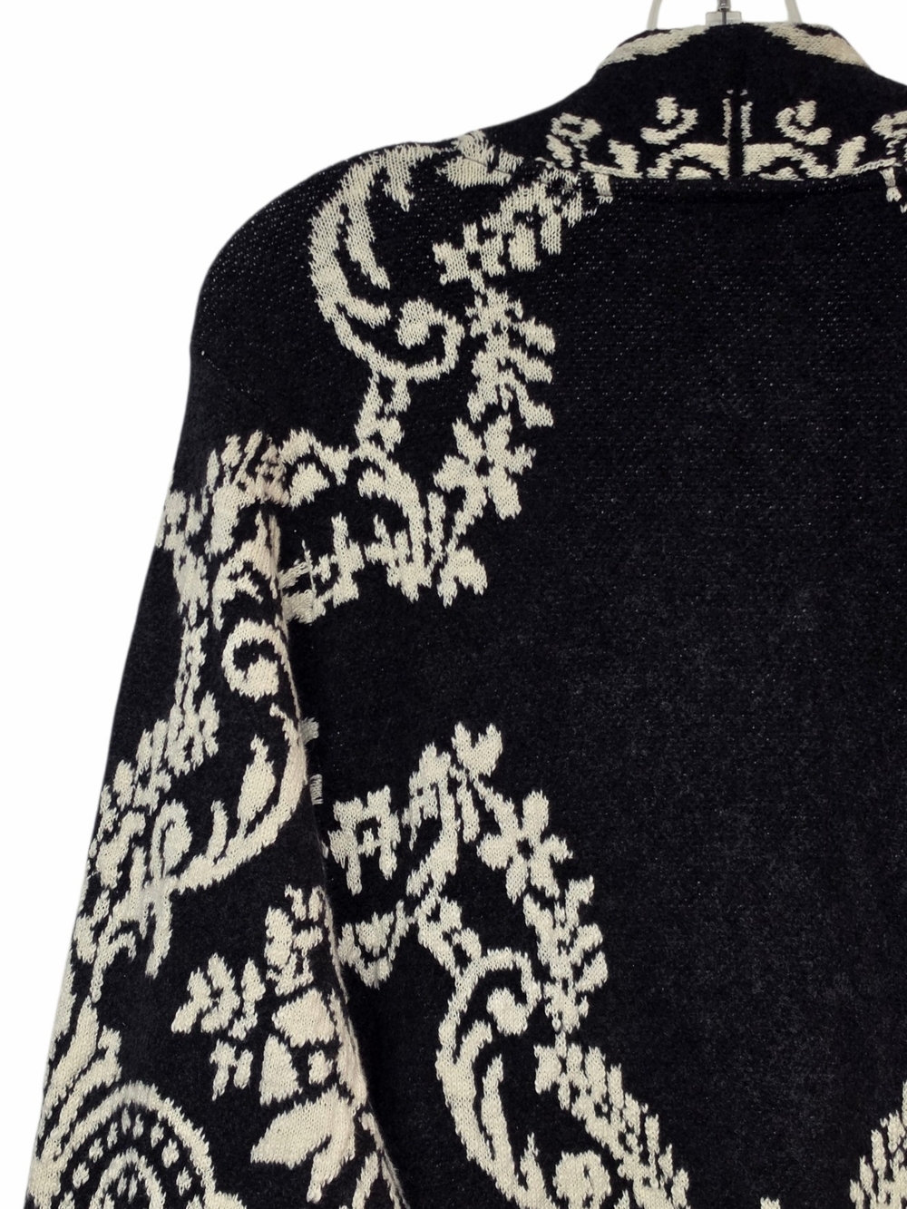 J.Jill Black Cream Paisley Jacquard Longline Open Front Cardigan Sweater M - Picture 11 of 14